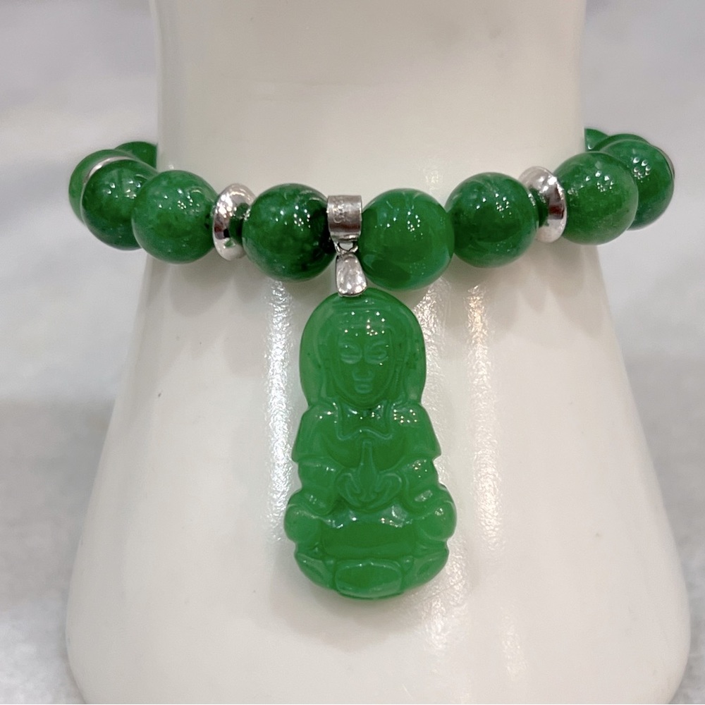 Burmese Green Jade Sterling Silver Stretch Bracelet with Carved Buddha C…